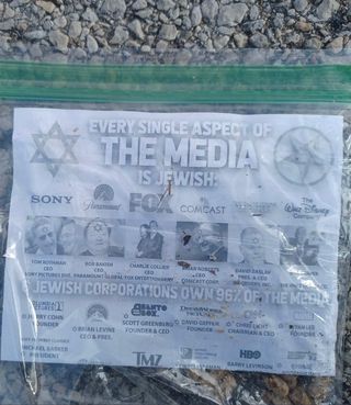 A flyer that reads, “Every single aspect of the media is Jewish.” It includes photos of media executives with Jewish iconography.