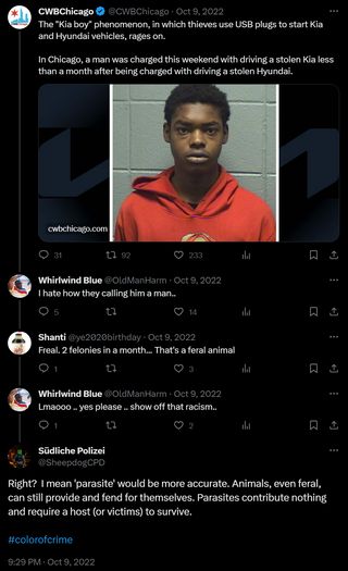 Another post from Detective Popow calling Black teens “animals,” “feral,” and “parasites”; Source Twitter