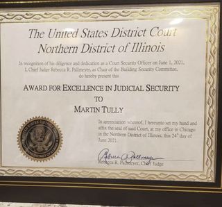 Award for Excellence in Judicial Security given to Martin Tully in 2021; Source: Facebook