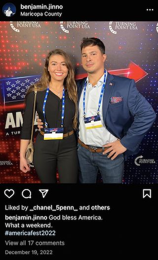 Heidner and Jinno in front of a TPUSA backdrop (from Jinno's Instagram)