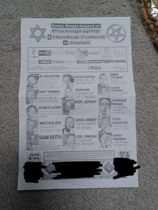 A flyer that reads, “Every single aspect of pornography & hookup culture is Jewish.” It includes images of pornography executives alongside Jewish iconography.